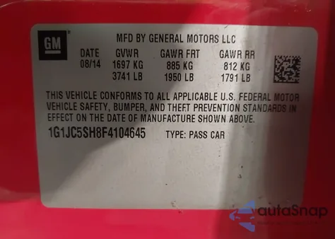 2015 Chevrolet Sonic Lt Auto from USA, damaged, VIN 1G1JC5SH8F4104645